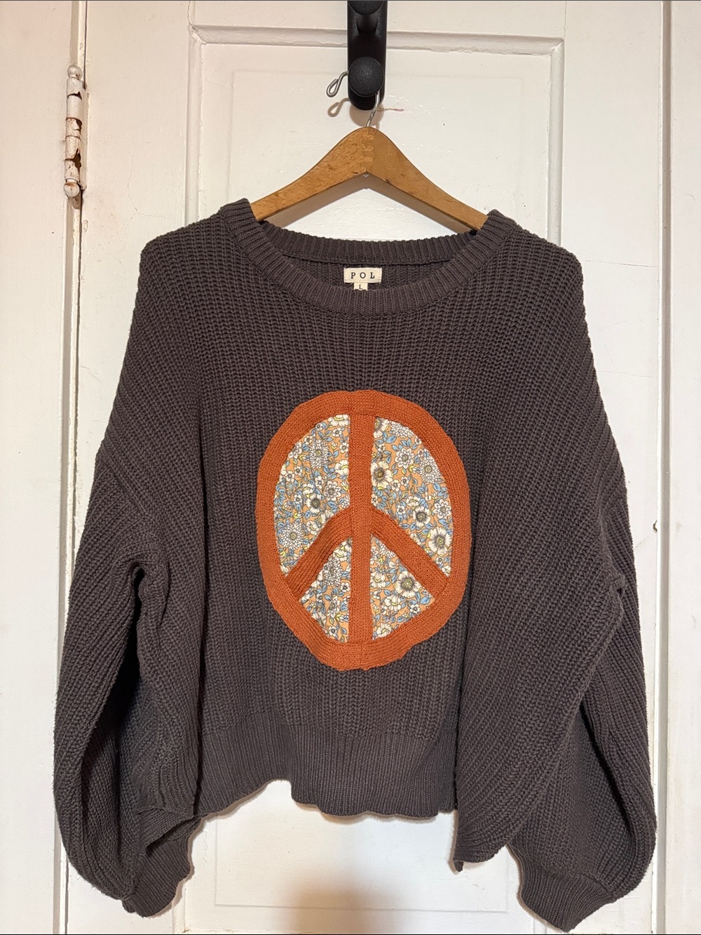POL Charcoal Knit Sweater with Orange Peace Sign